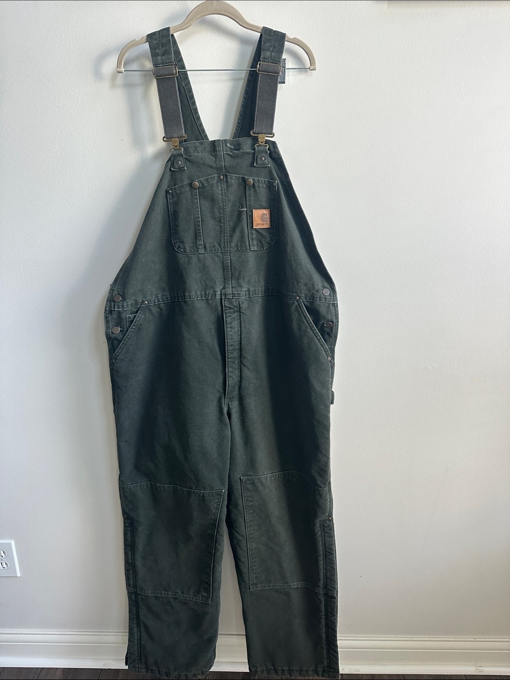 Carhartt R27 MOS Mens 46x30 Moss Green Quilt Lined Bib Overalls Work Vintage